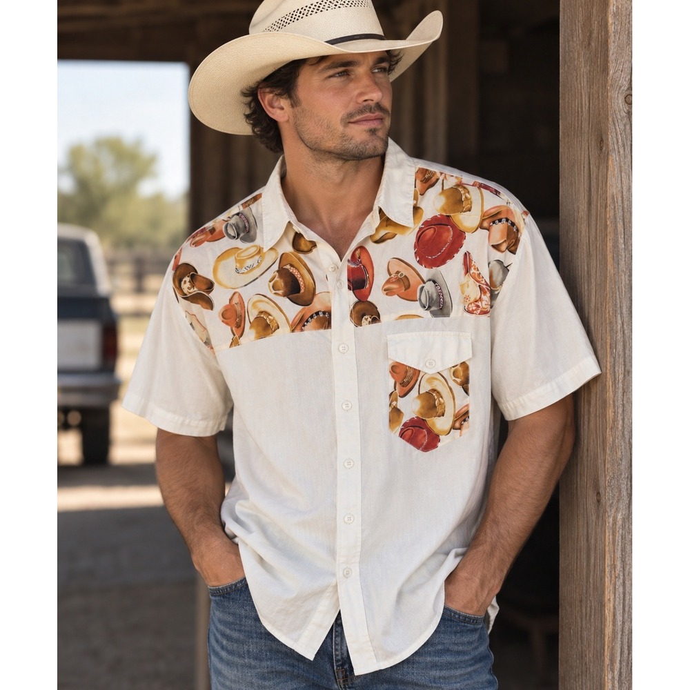 Vintage Tapestry Mens Cream Cowboy Hat Western Button Down Shirt Short Sleeve XL